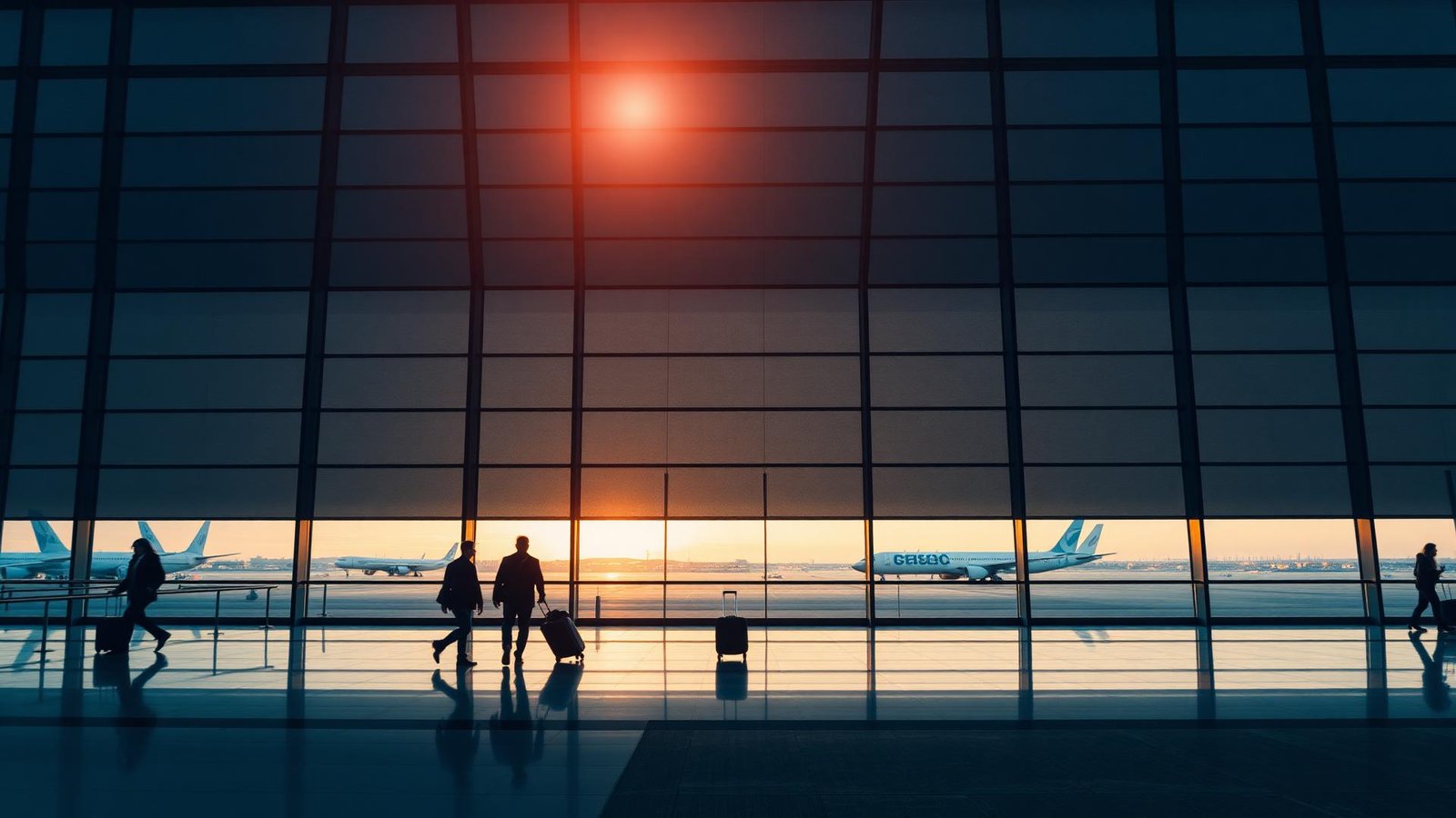 Travellers walking through an international airport terminal